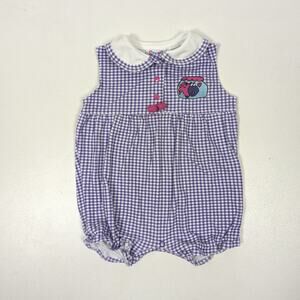 Vintage Small Steps Bubble Romper Girls Size 12m Purple Gingham Fish